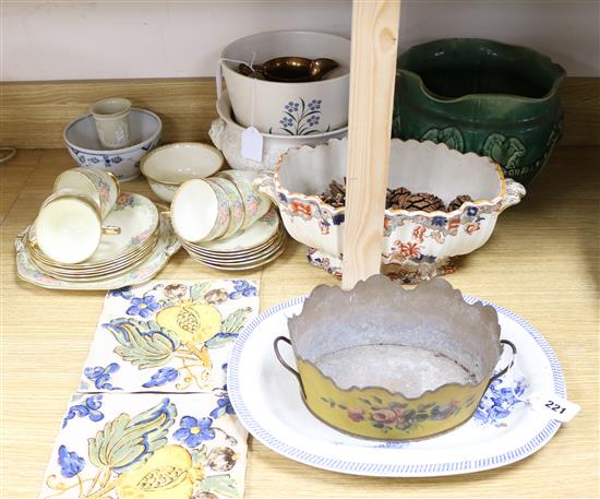 A collection of Victorian and later planters, teaset, Toleware basket and sundries